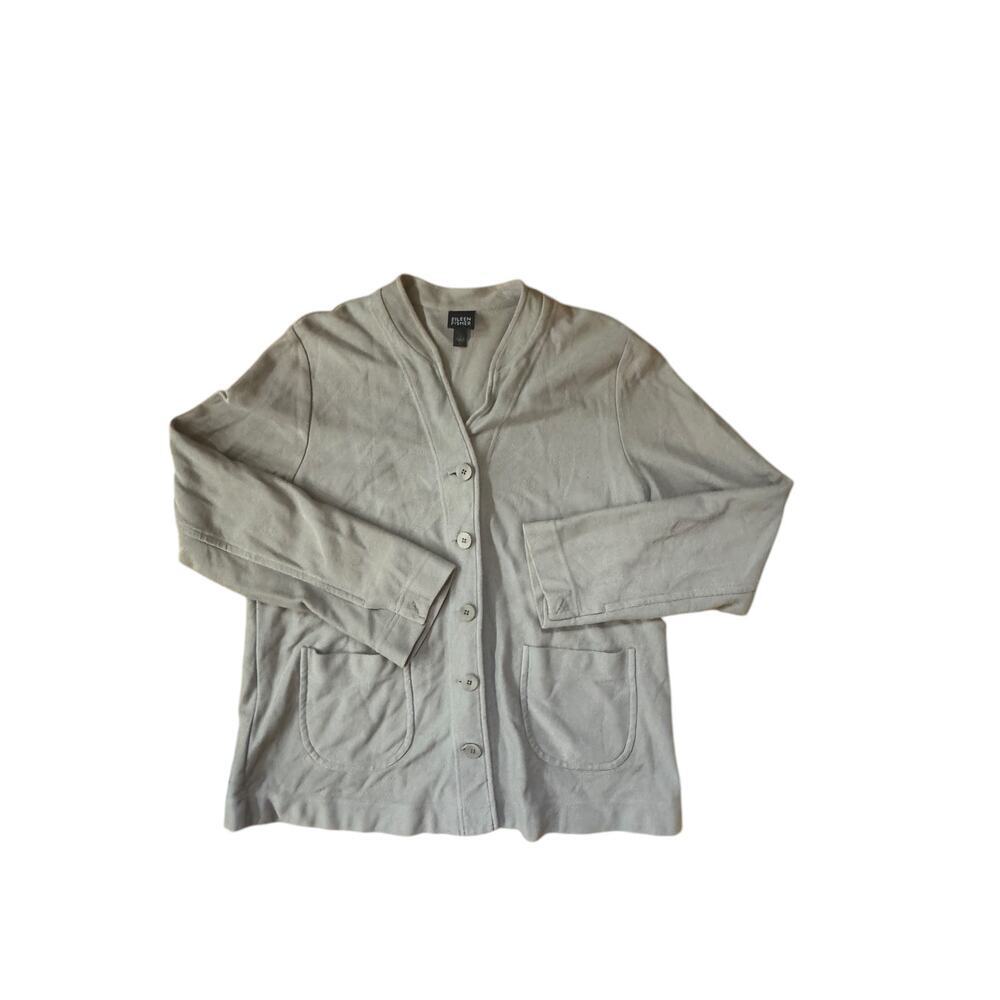 Eileen Fisher Organic Cotton Knit Cardigan Sz L Button Front Pockets Minimalist
